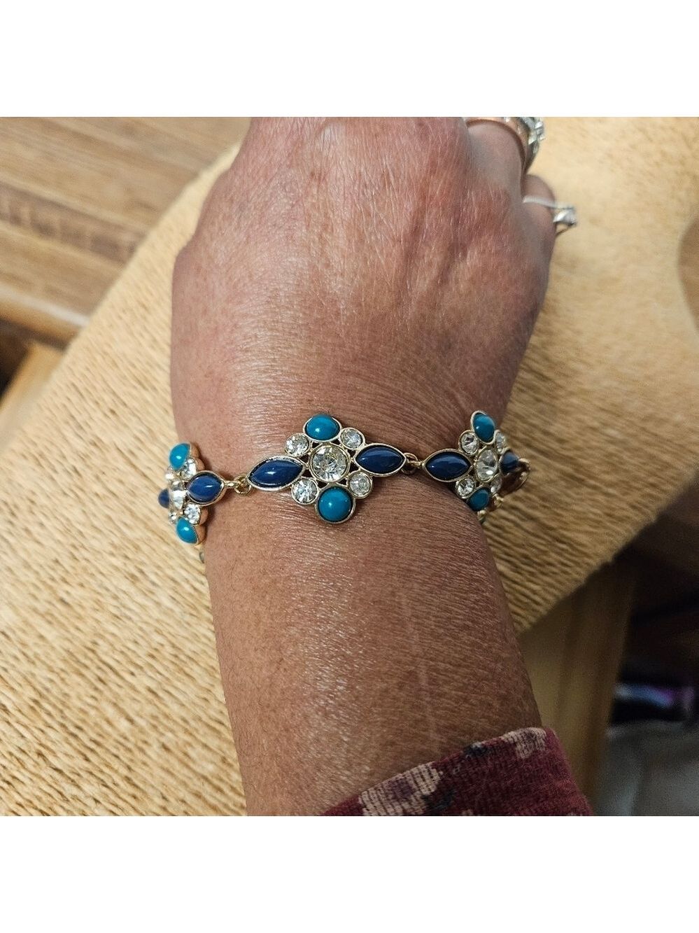 Vintage 70s Avon Crystal, Blue/Turquoise Cabochons in Gold-tone Setting Bracelet